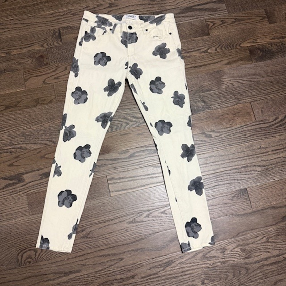 Paige Verdugo Ultra Skinny Floral Jeans Cream Grey Size 31 Mid Rise Stretch